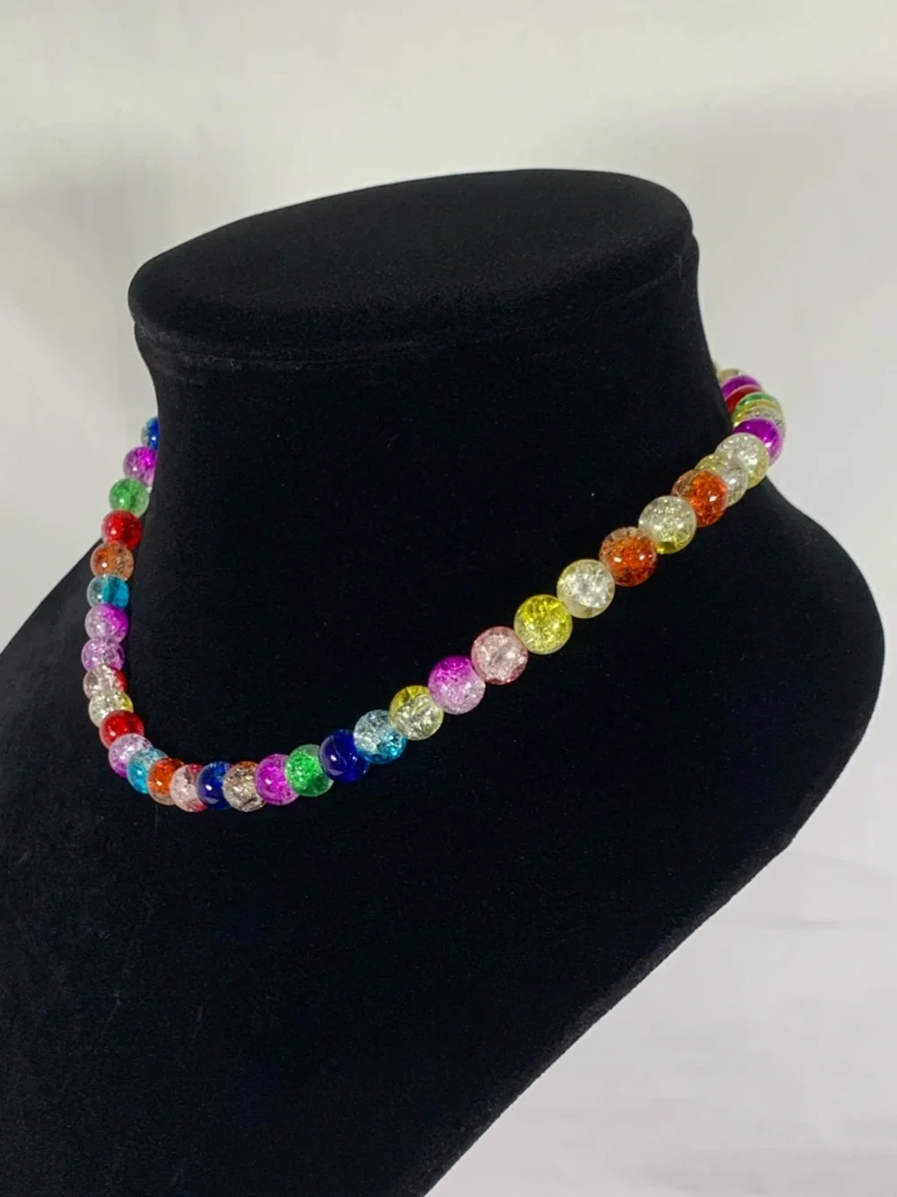 Carnival Rainbow Glass Crackle Bead Gold Tone Necklace 16.5”